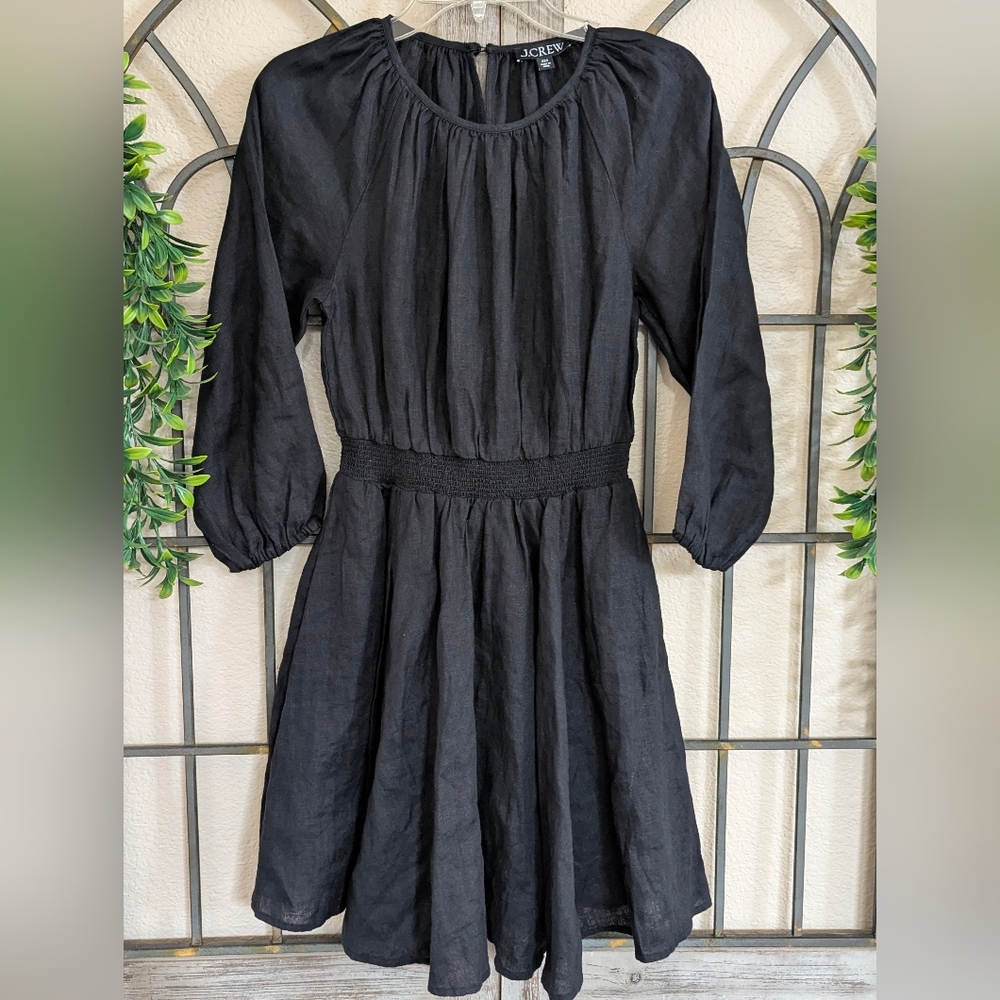 J. Crew Palermo 100% Linen Black Long Sleeve Dress W/Flare Skirt Size XXS